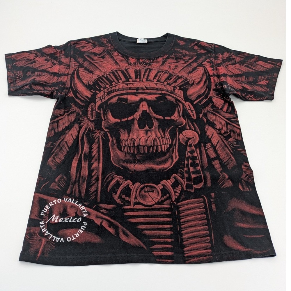 Puerto Vallarta‎ Mexico T Shirt Mens M Black Azteca Aztec Skull Graphic Tee AOP